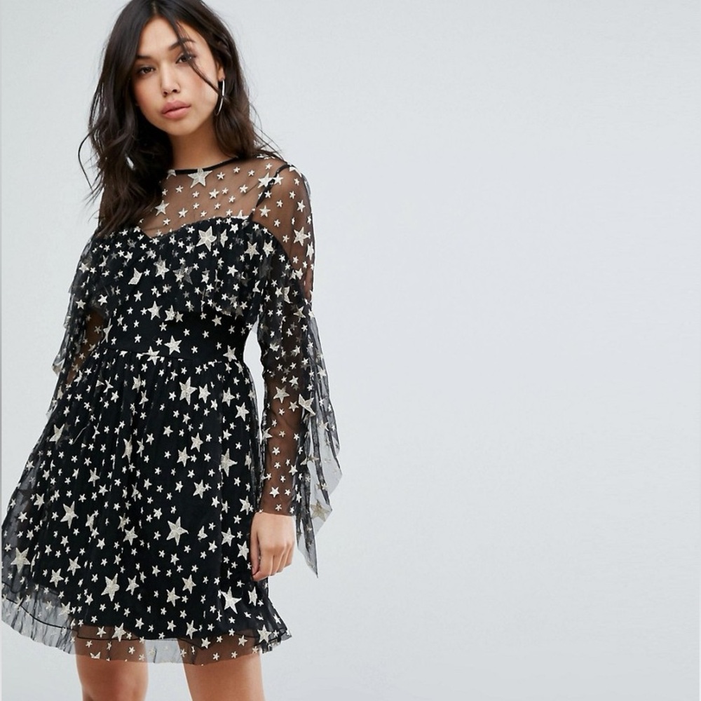 NEW ASOS BOOHOO Black Silver Embroidered Star Tulle Long Sleeve Dress - Picture 2 of 6